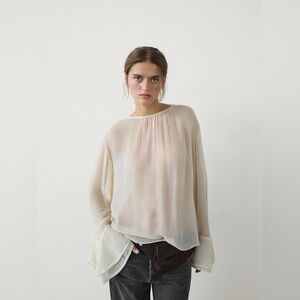 Massimo Dutti Women Flowy Blouse Shirt S Cream, Ruffled Long Sleeve NWT